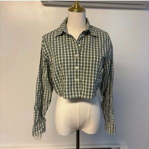 ARITZIA Sunday Best Olive Green Plaid Cropped Button-Up Shirt 100% Cotton Size 1
